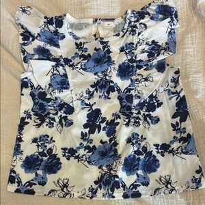 SHEIN White Top with Blue Floral Ruffle Sleeves